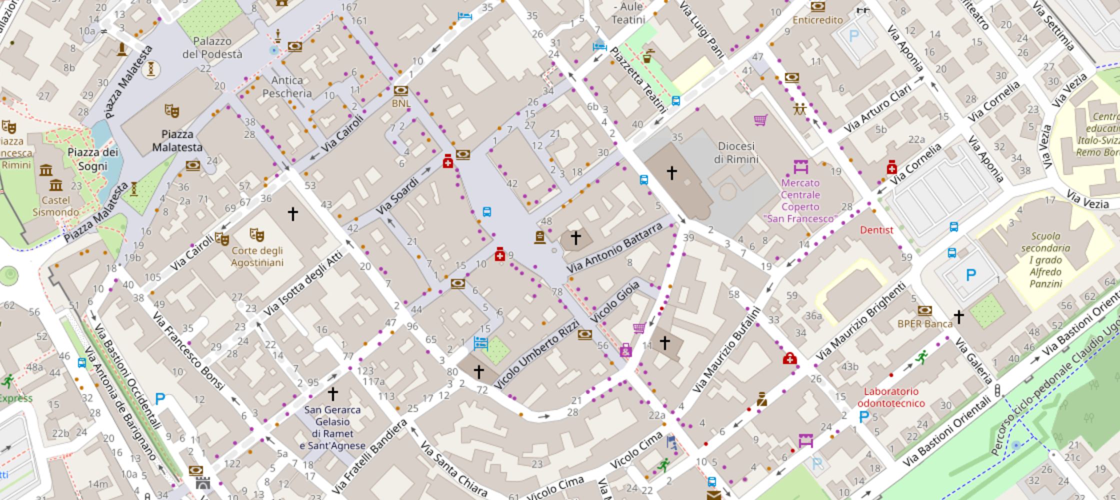 Mappa del centro storico di Rimini con il segnaposto di RiminiScenze Olistiche in Via Antonio Battarra 1